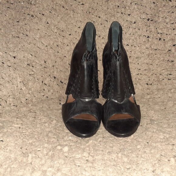 ALLSAINTS-Arachine-Black Leather Braided-Peep Toe-Gusset Booties-Sz 37-Excellent - Picture 3 of 7